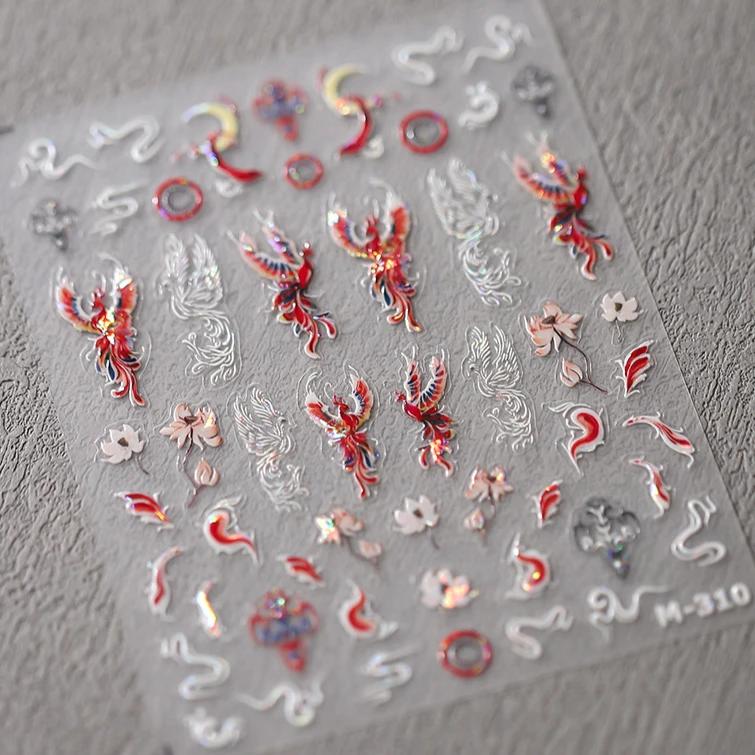 5D Butterfly Red Spider Lily Blooming Flowers Nail Art Stickers Chinese Characters Phoenix Swallow Self Adhesive Manicure Decals