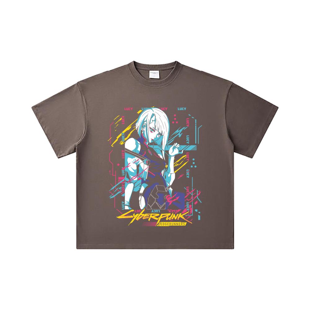 260 GSM Dubbel Garen 32 Count 100% Katoen Cyberpunk Edgerunners V1 Lucy Print Unisex Zwaar Katoen T-shirt