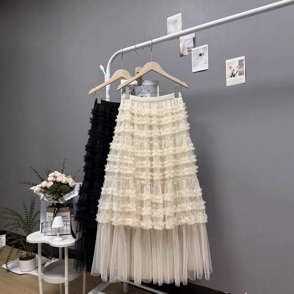 Spring 2026 Women's Irregular Layered Mesh Skirt: Long, Slimming Gauze Design, Heavy Work Detail.