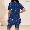 Women Plus Size Two Piece Outfit Eagle Print Round Neck Short Sleeve Split Top And Knee Length Pants