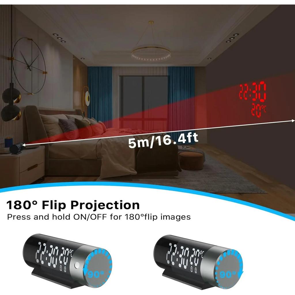 LED Projection Alarm Clock with 180° Projector 4 Brightness Levels 12/24H Format Ceiling Display and Temperature Function