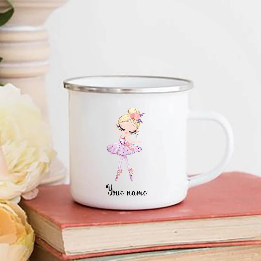 Personalized Name Ballerina Cups Custom Ballet Dance Hot Chocolate Juice Enamel Mug Girls Handle Mugs Birthday Children's Gifts