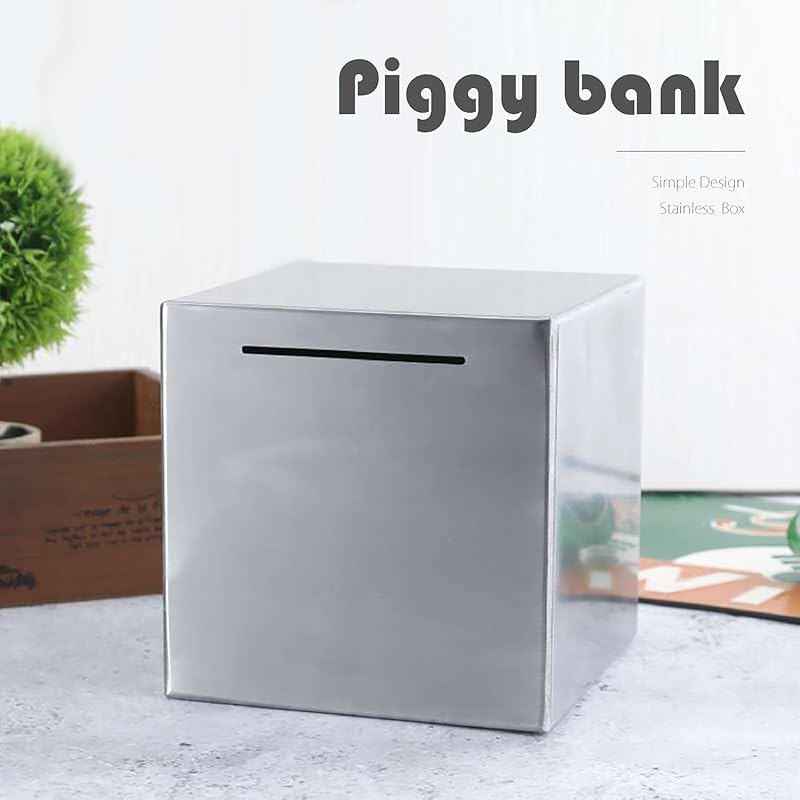 EINEY Sparschwein aus Edelstahl, für Münzen und Scheine, großes Fassungsvermögen, Silber, Stilvoll, Quadratisches Design