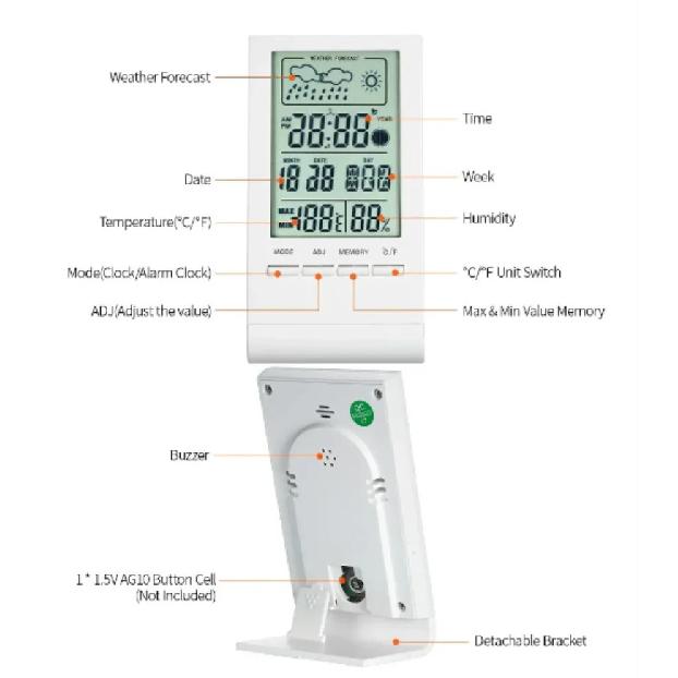 Mini Digital Thermometer Hygrometer Indoor Temperature Humidity Meter Gauge Clock Weather Station Forecast Max Min Value Display