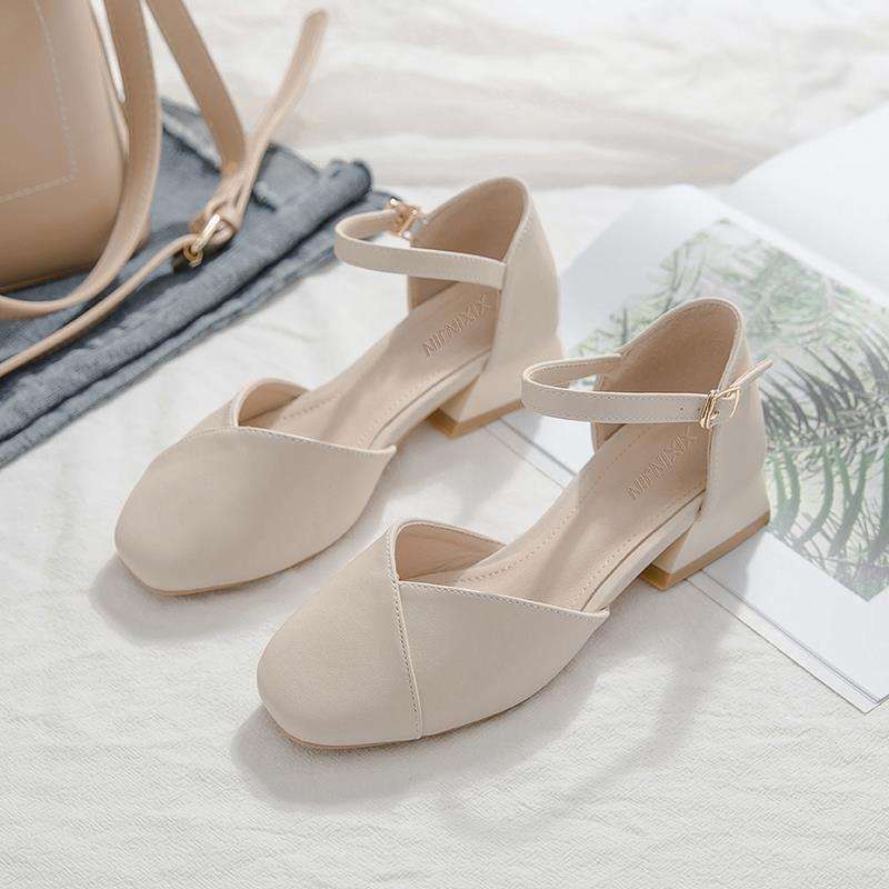 Baotou Sandals Women's Summer Middle Heel 2025 New Korean Version Versatile Student Fairy Style Retro Thick Heel One-word Strap Single Shoes