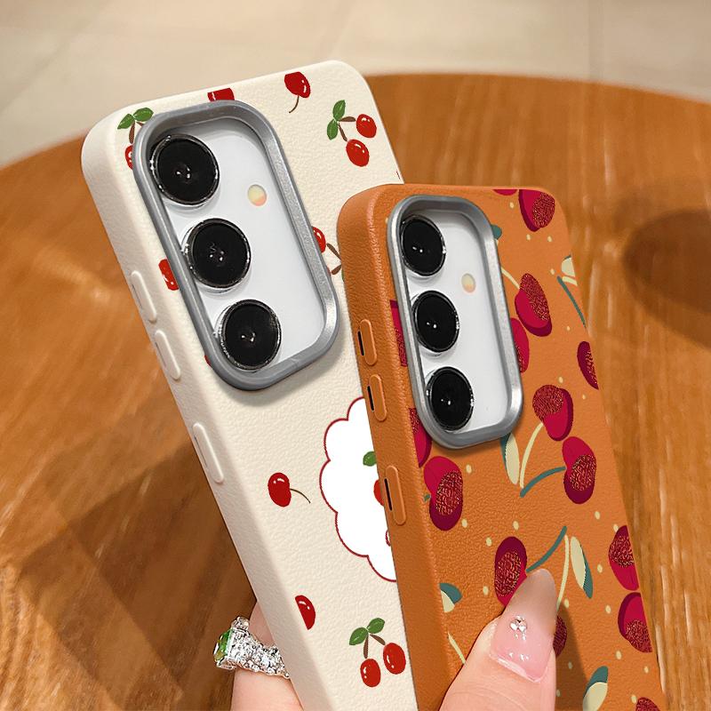 Cute Cherry Pattern TPU Leather Texture Slim Magnetic Case For Samsung S25 Ultra S24 FE S23 S22 S21 Wireless Charge Matte Shockproof Soft Phone Cover