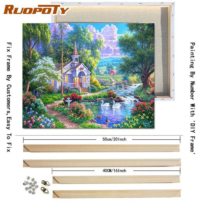 RUOPOTY Oil Painting By Numbers Lake Landscape Handpainted Unique Gift Pictures By Numbers Pavilion Spring For Adults Home Decor
