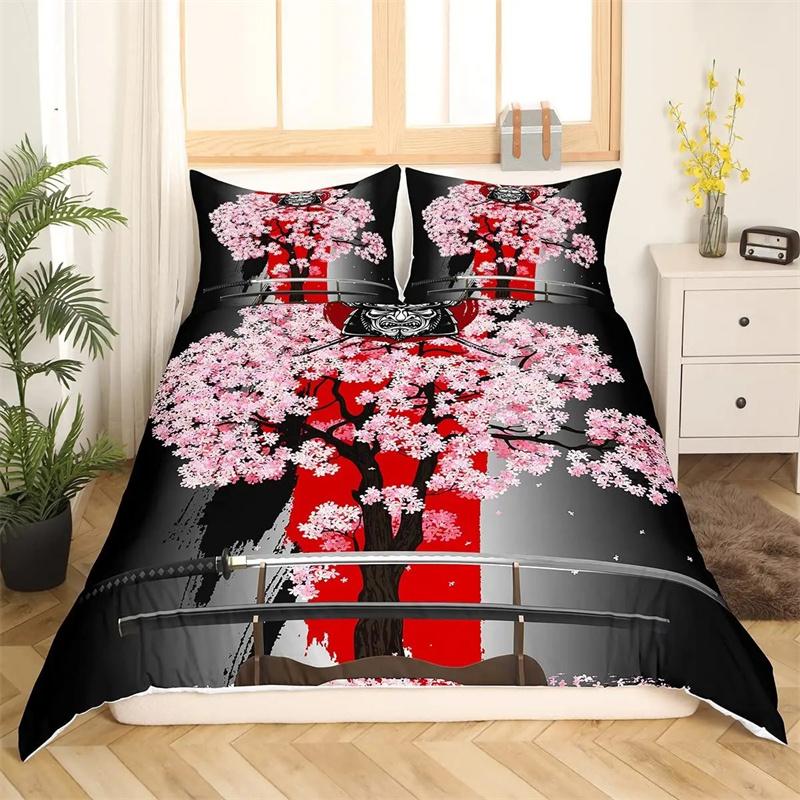Samurai Bedding Sunset Povlak na přikrývku Japonská samurajská krajina Silueta Ložní prádlo Dekorace ložnice v japonském stylu pro muže Dárky