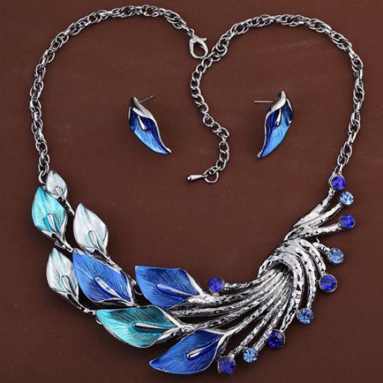 Retro Tibetan Leaf Peacock Crystal Rhinestone Drop Earrings Short Necklace Set