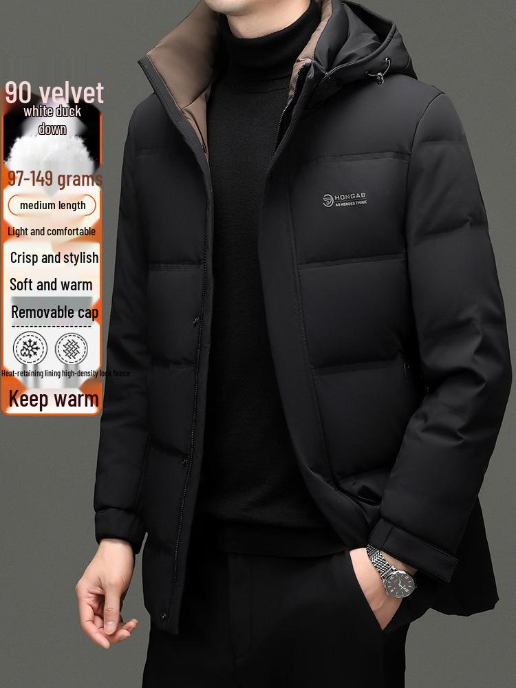 Men's Mid-Length Winter Down Jacket with Detachable Hood - Thick, Warm White Duck Down for Casual Wear