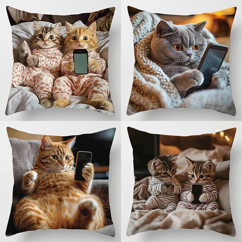 Moderne Katzen- & Smartphone-Druck Dekoratives Kissenbezug Reißverschluss Maschinenwaschbar Sofa Wohnzimmer Heimdekoration