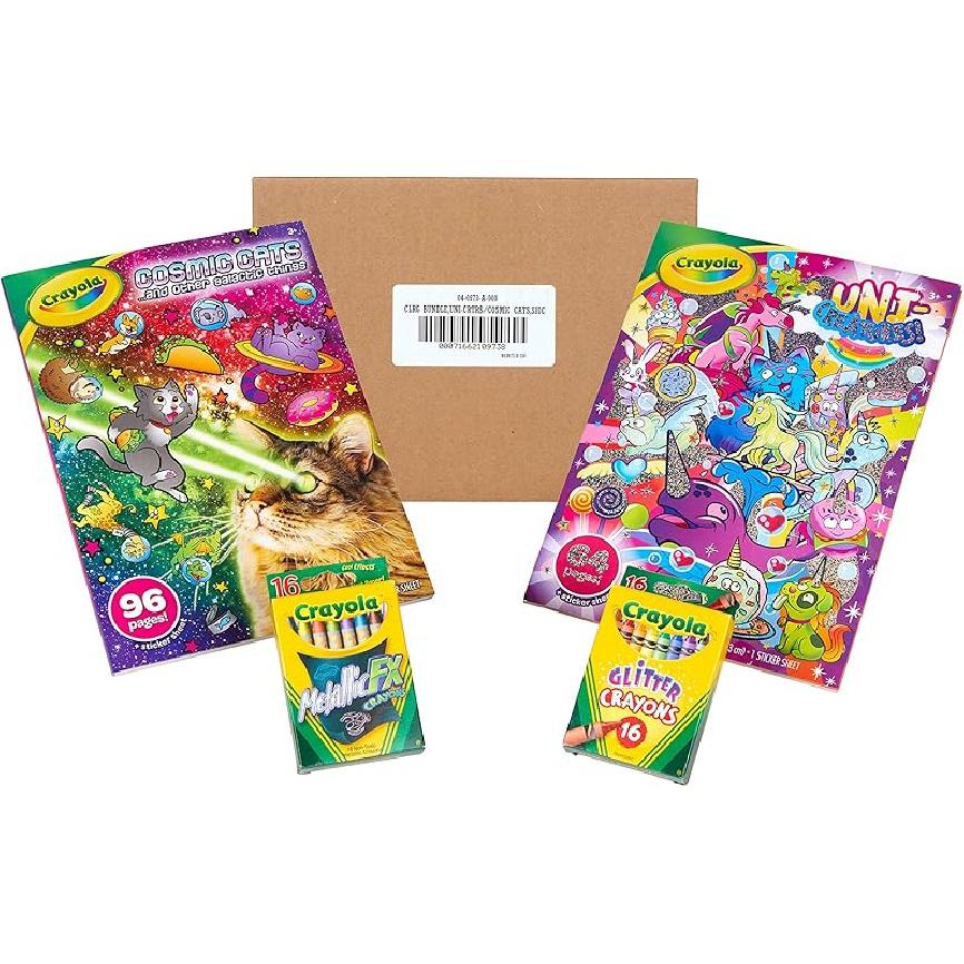 Crayola Uni-Creatures & Cosmic Cats Coloring Book Set - 2 Pack (96pgs), Animal Sticker Sheet, Metallic Crayons & Glitter Crayons Uni-Creatures and Cosmic
