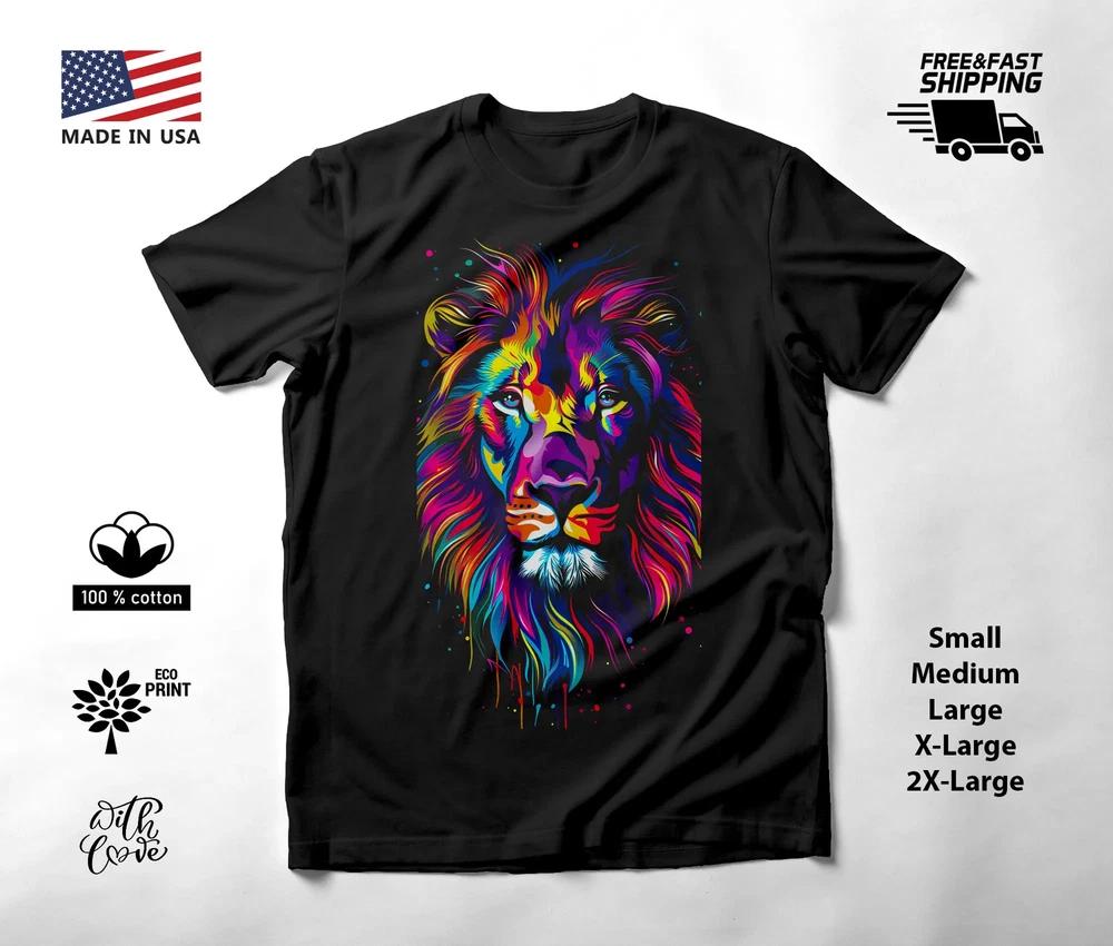 Lion Portrait Neon Graphic T-Shirt Black Unisex S-2XL