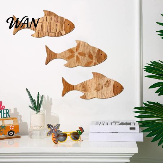 Tabletop Fish Ornament 3Pcs/Set Bathroom Wall Decoration, Rustic Wooden Art 2D Printed Sculpture, Nautical Hanging for Beach Lake House Ocean Style
