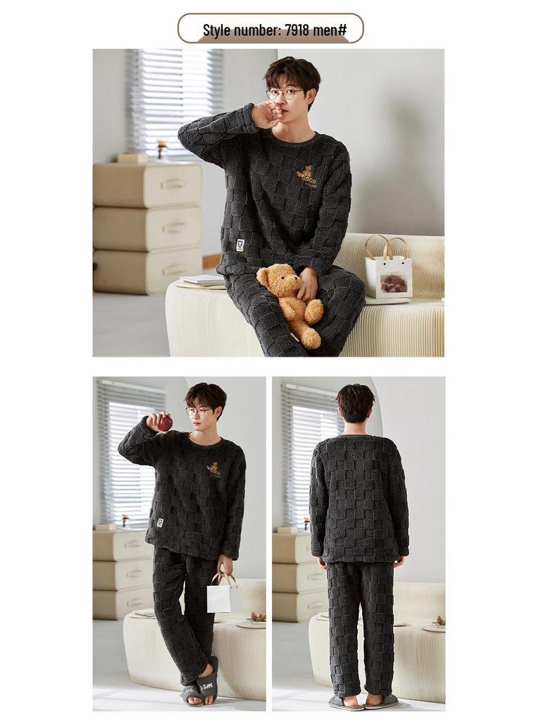 Men's Winter Thickened Coral Fleece Pajamas: Cute Cartoon Warm Homewear Set for Teenagers and Students