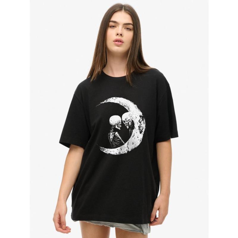 

Oversized T Shirt Black Skull Couple Moon Print Casual Wear XXXXL чорний