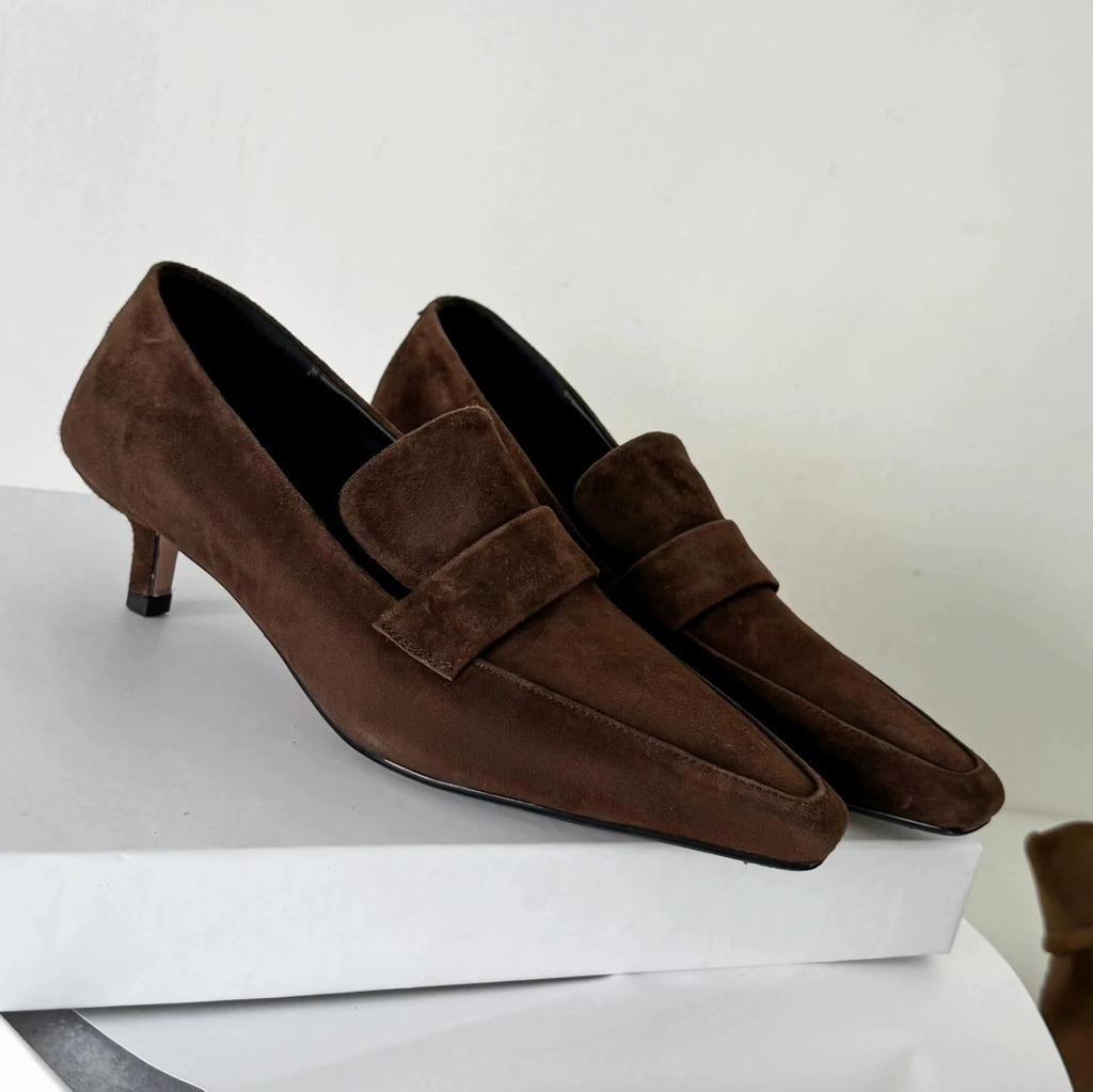 Sheepskin Version~ Retro Suede Small Square Head Thin Heel Cat Heel Deep Mouth Loafers Single Shoes Women's Shoes Commuter Shoes High Heels