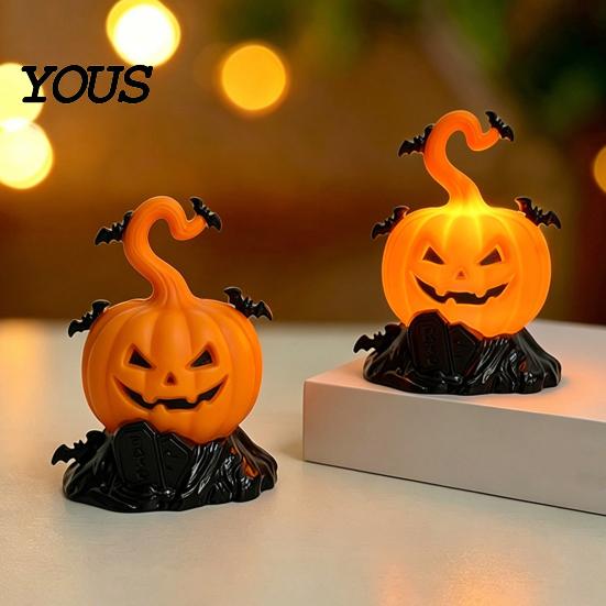 Halloween Tombstone Decoration LED Candle Light Figurine, Bat Glowing Tabletop Ornament, Warm Theme Decor Pumpkin Prop for Escape Room Haunted