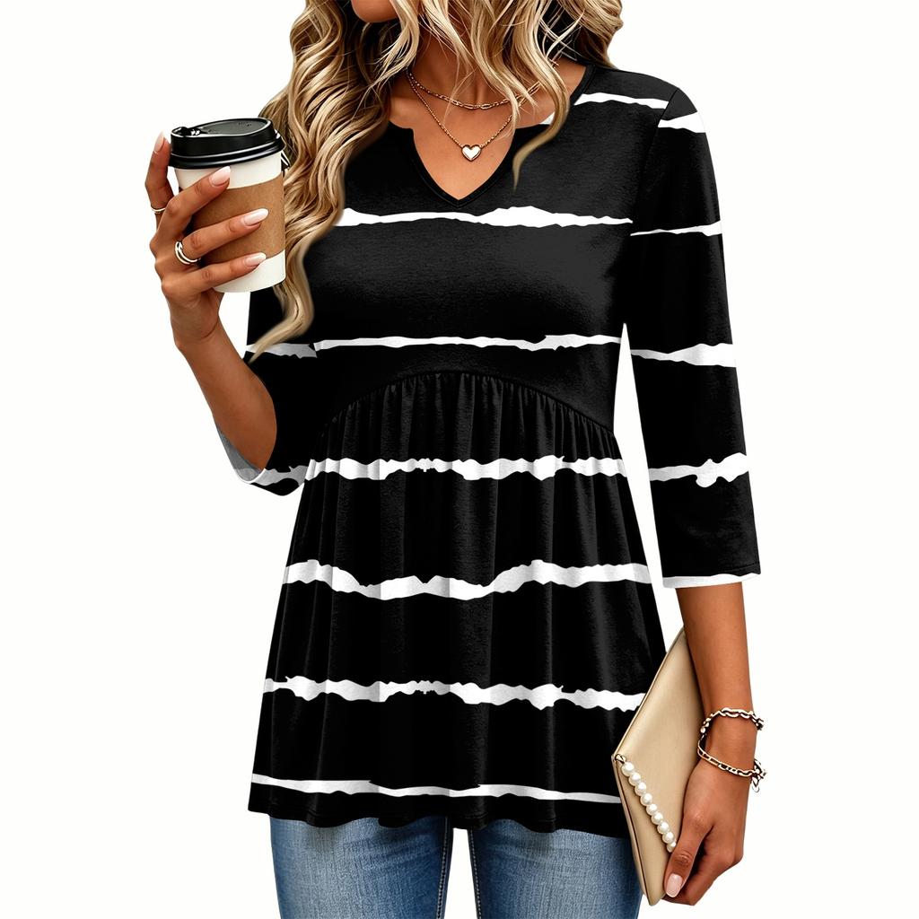 Women's Casual Striped Print V-Neck Three-Quarter Sleeve Blouse