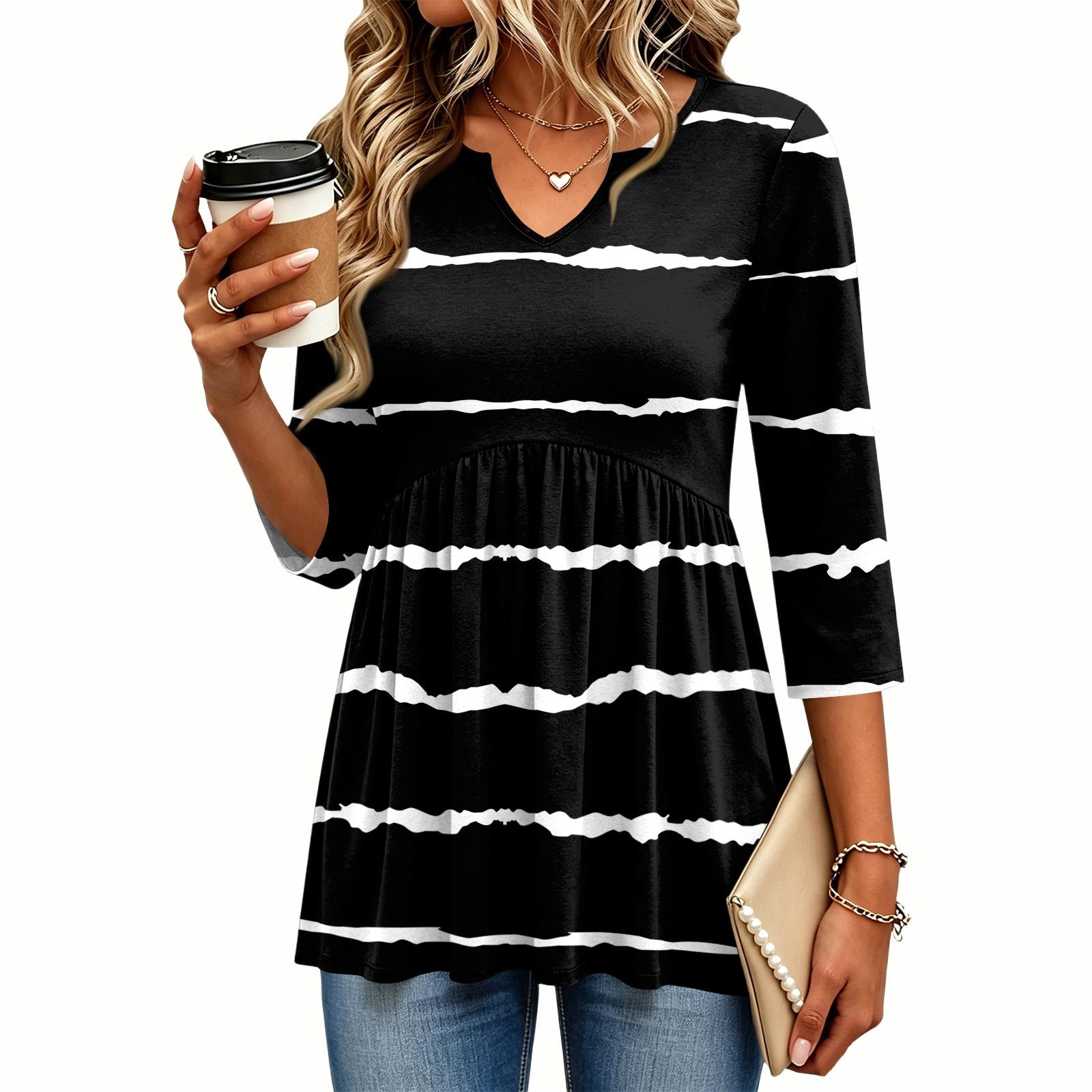 Women s Casual Striped Print V-Neck Three-Quarter Sleeve Blouse S чёрный