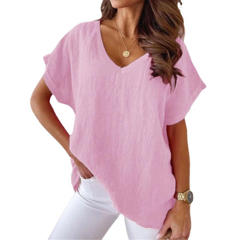 Summer New Short Sleeved V-neck Women T-shirt Solid Color Fashion Elegant Casual Office Blouse Plus Size Basic Loose Simple Tops Women's Clothing