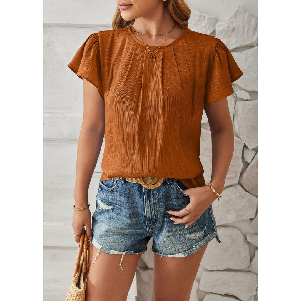 Spring Summer Women's European American Fashion Crew Neck Loose Blouse Shiny Fabric Petal Sleeve Casual Top