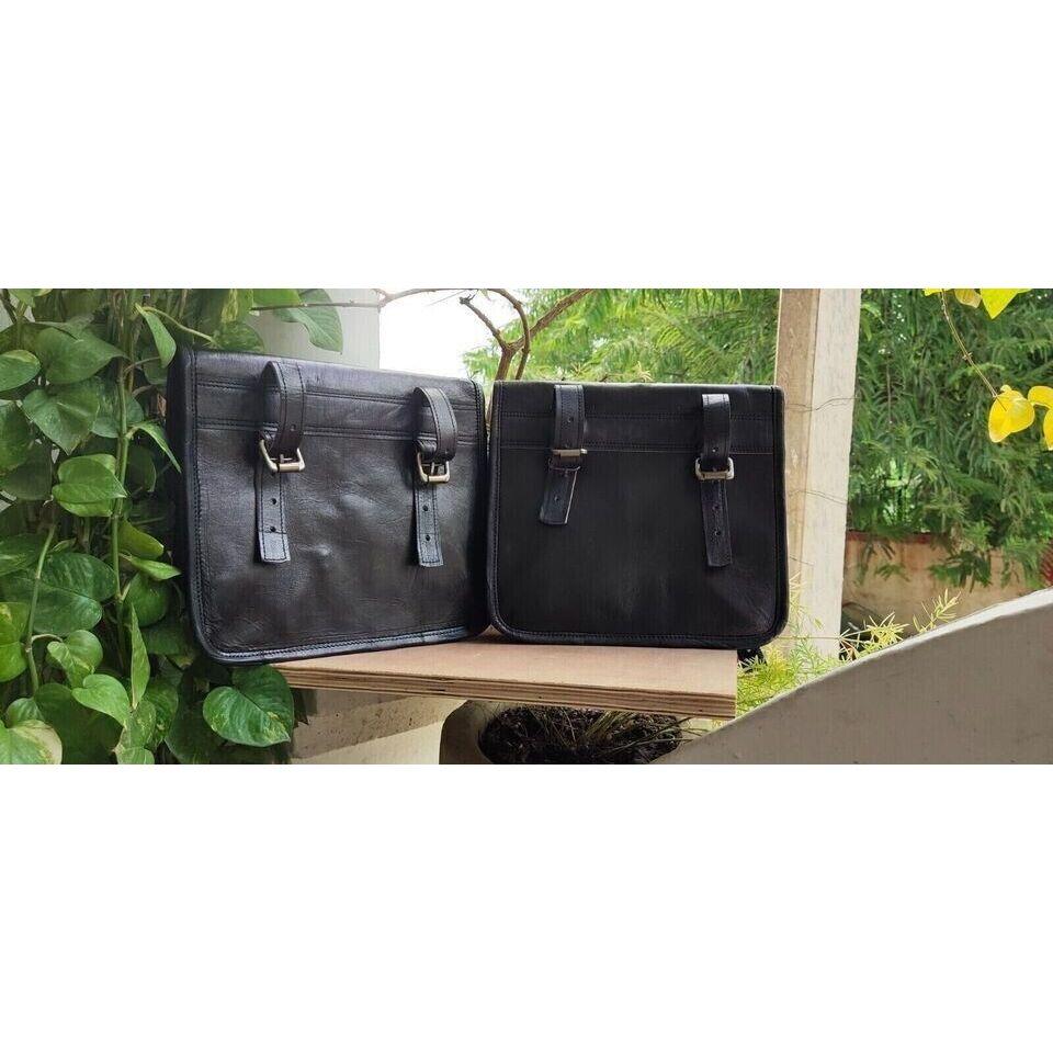 Real Vintage Leather Saddle Bag Motorcycle Left Right Panniers 3Side Bags Black