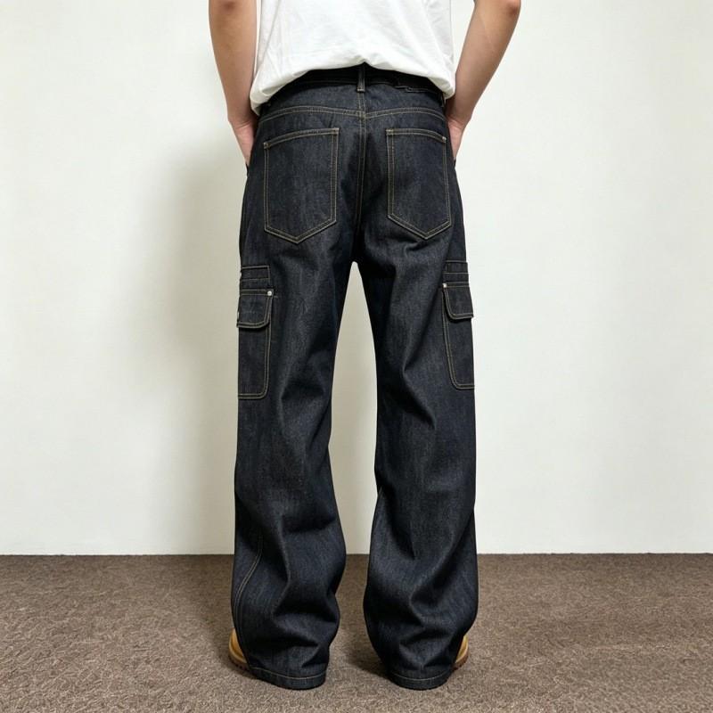Mens Relaxed Fit Straight Leg Jeans With Multi-Pocket Deconstructed Design Washed Cotton Streetwear Style