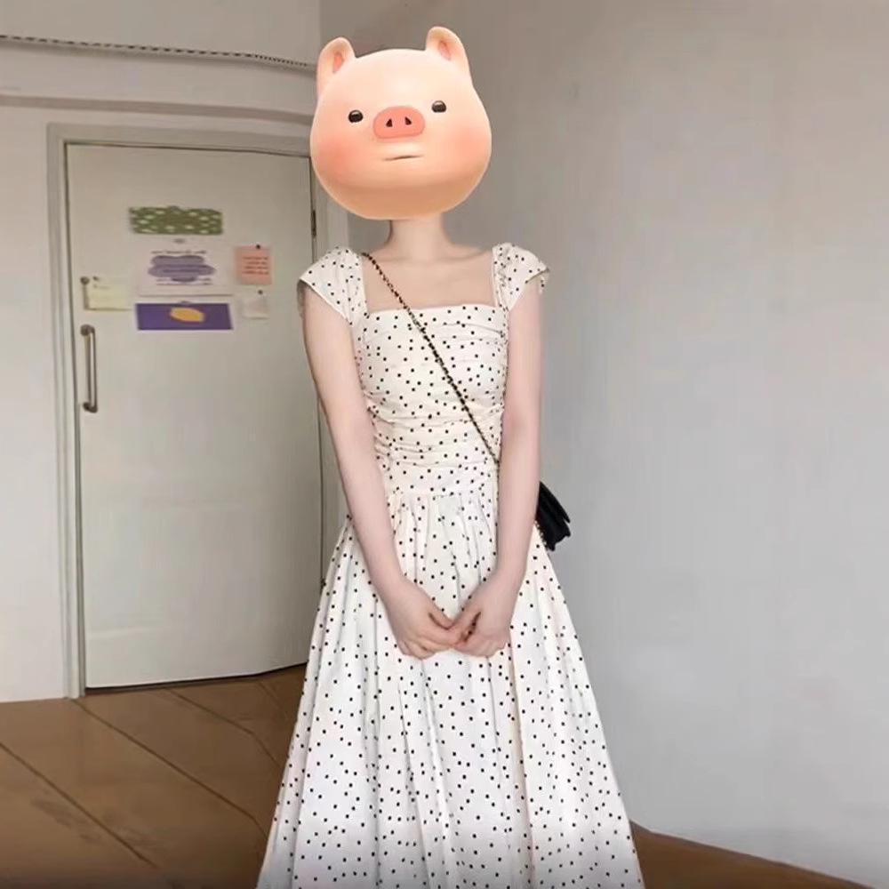 2025 Summer French Polka Dot Puff Sleeve Square Neck Long Dress for Women