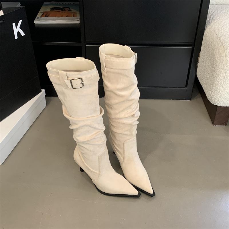 Pointed Thin Heel Skinny Boots Women's Pile Boots Belt Buckle Folded High Heel Boots Skinny Boots