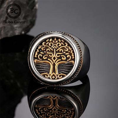 Punk Heren Levensboom Ring Goud Roestvrij Staal Noorse Mythologie Amulet Retro Sieraden Mannen Accessoires