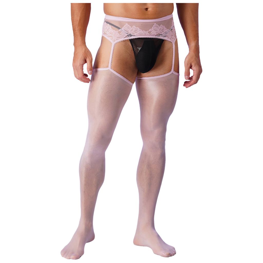 Mens Crotchless Pantyhose Floral Lace Design Open Leggings One Piece Garter Stockings Club Wear