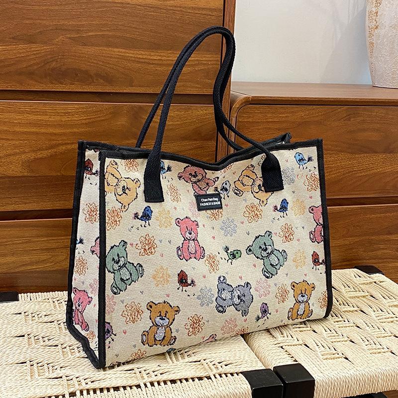 

Модная новая большая вместительная сумка-тоут на плечо, холщовая сумка с креативным принтом медведя, милая сумочка average size