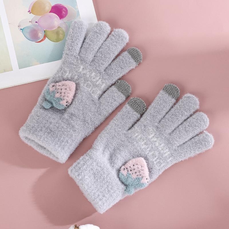 

Перчатки с сенсорным экраном Корейское издание Теплые и ветрозащитные Велосипедные Милые женские Плюшевые вязаные Пятипалые перчатки one size серый