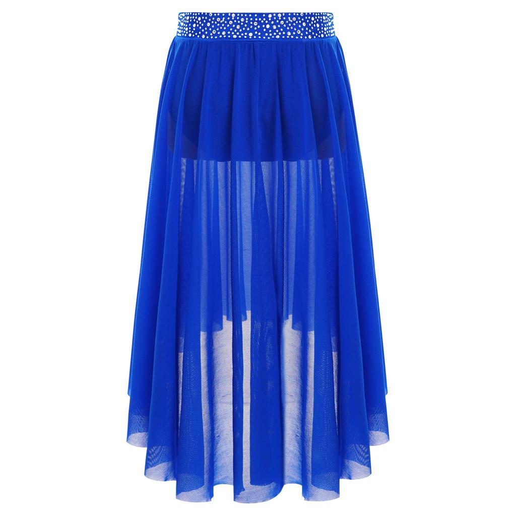 Saia de Dança Lírica para Meninas com Cós de Strass Brilhantes Saia de Malha High-Low Fenda Lateral Contemporâneo