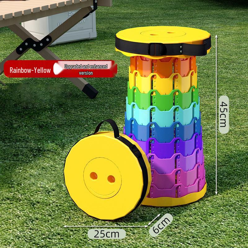 Rainbow Retractable Portable Camping Stool - Round, Plastic Folding Design.