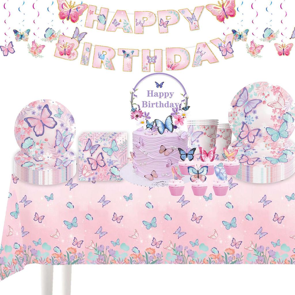 Pink Butterfly Birthday Party Supplies: Disposable Plates, Cups, Tablecloth, Banners, and Balloons for Girls