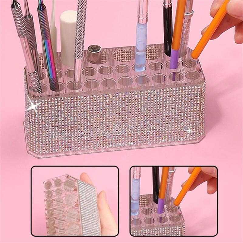 Multipurpose 26 Slot Makeup Brush Stand Rhinestones Acrylic Pen Organiser Cosmetic Brush Stand Vanity Organiser Rack