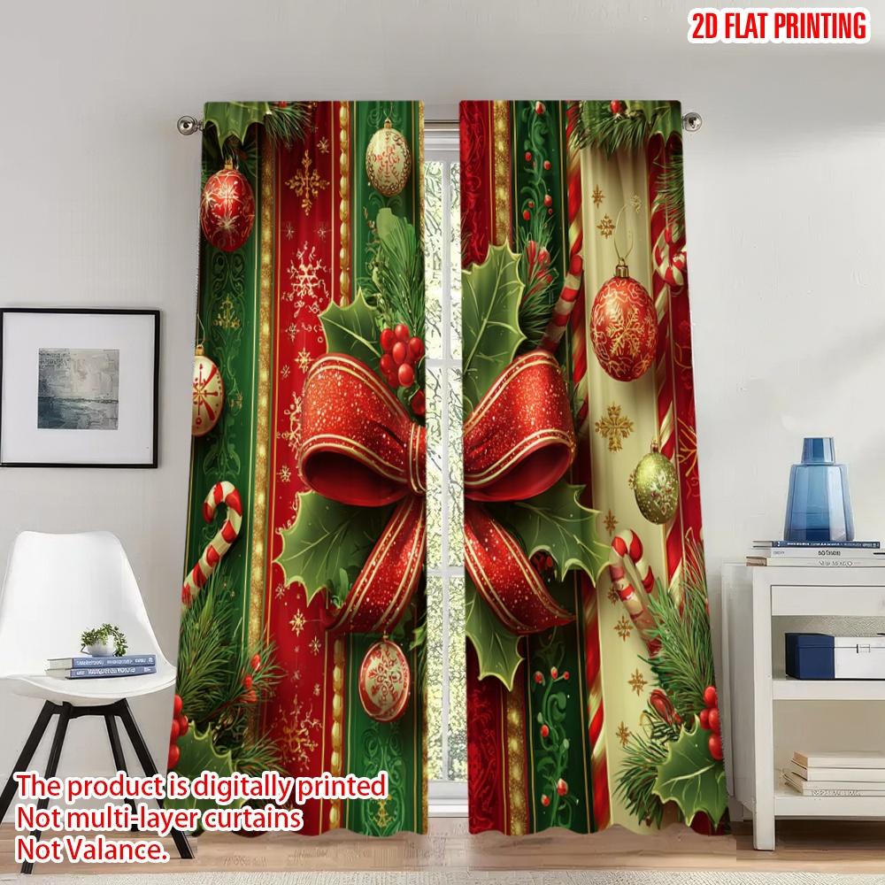 

2pcs 2D flat printing Happy Christmas Scene Curtains Christmas Holly Berry Ribbon Digital Printed Polyester Drapes Festive Wall 100*130 HOOK 1pcs