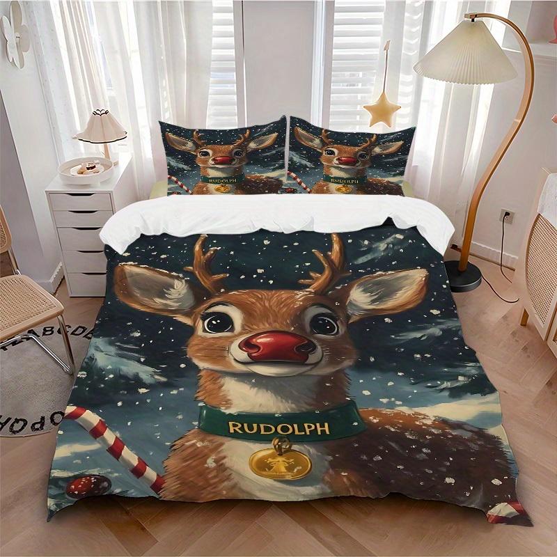 

3pcs set Rudolph Christmas 1 Quilt Cover + 2 Pillowcases, All Seasons Bedroom Setting, Perfect for Home and Dorm Decor a187 135x200cm