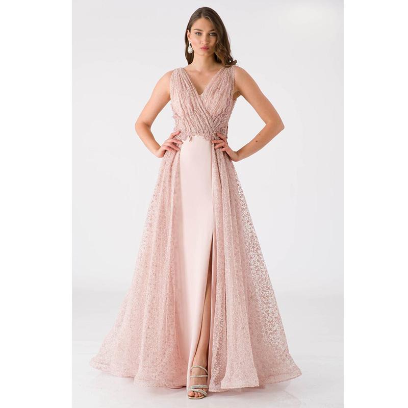 

Пудровое длинное вечернее платье с V-образным вырезом TIVYA