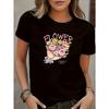 Women's Short-Sleeve T-Shirt with Floral Print, Summer Fashion Loose-Fit Comfortable Versatile Black Tee