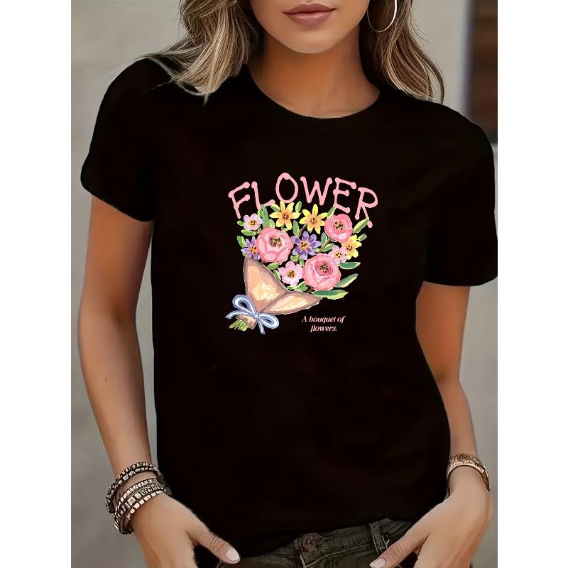 Women s Short-Sleeve T-Shirt with Floral Print, Summer Fashion Loose-Fit Comfortable Versatile Black Tee S чёрный
