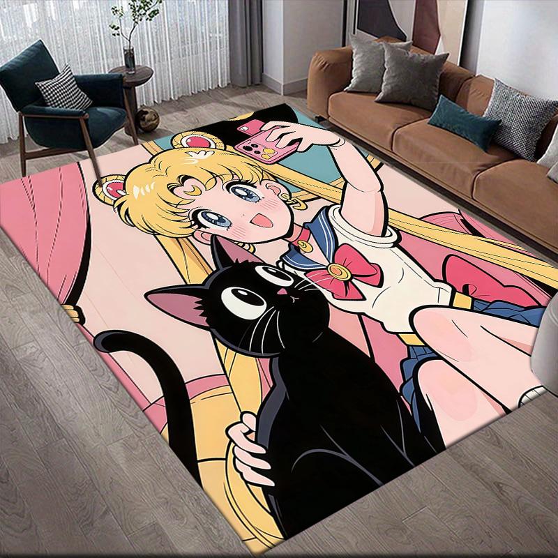 Sailor Moon Flannel Pattern Square Carpet,Area Rug,Carpet Rug for Living Room Bedroom Sofa Playroom Decor,Non-slip Floor Mat