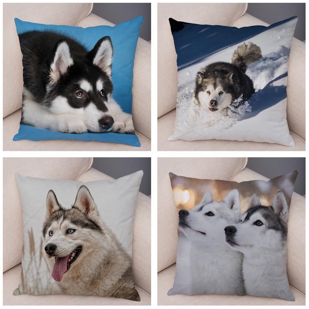 Decor Cute Siberian Husky Pillowcase Pet Dog Printed Super Soft Short Plush Pillow Case 45*45cm Animal Cushion Cover for Sofa