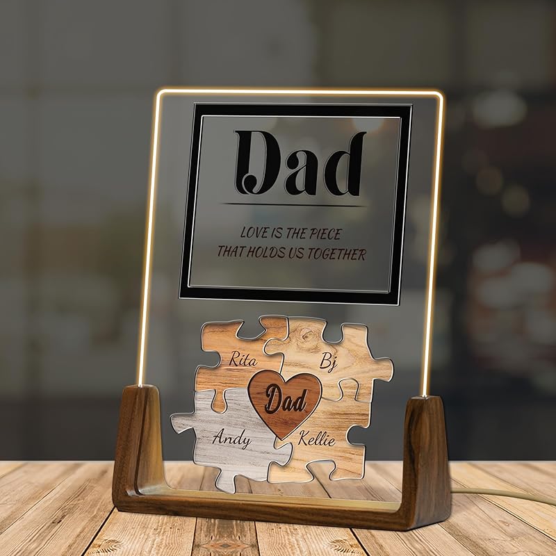 Custom Father's Day Gift for Dad, Photo Acrylic Plaque Personalized Night Light, Walnut Photo Frame with Night Light, Unique Romantic Birthday
