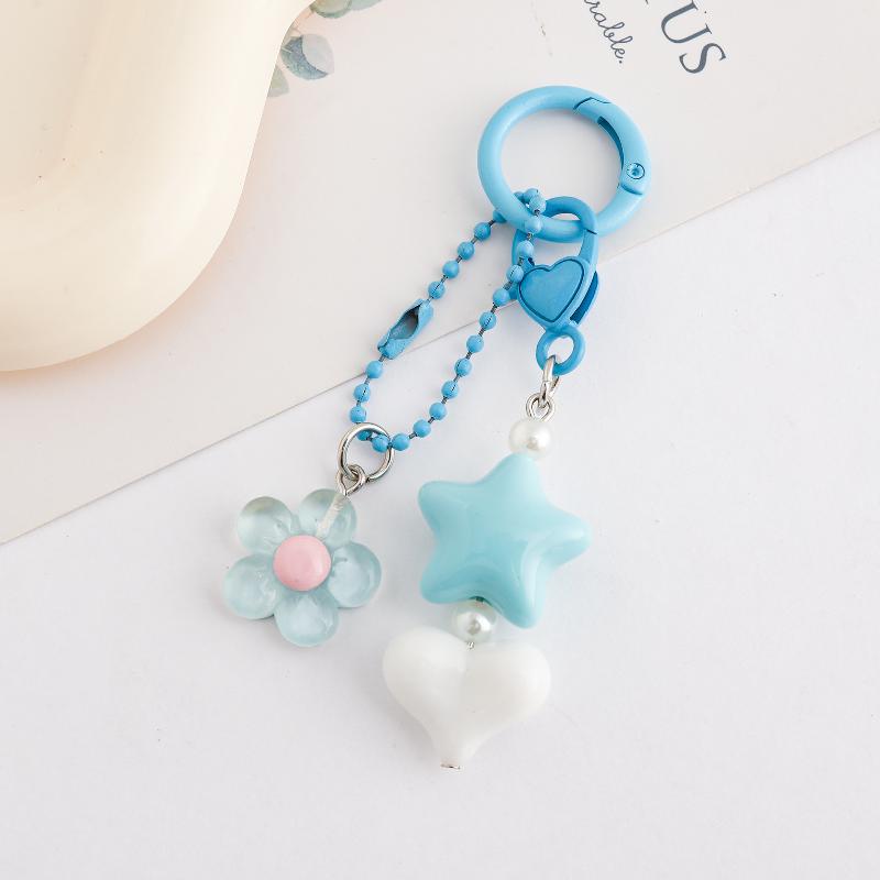 Starfish Beaded Keychain Imitation Pearl Acrylic Pentagram Keyring Girls Earphone Case Phone Decor Ornaments