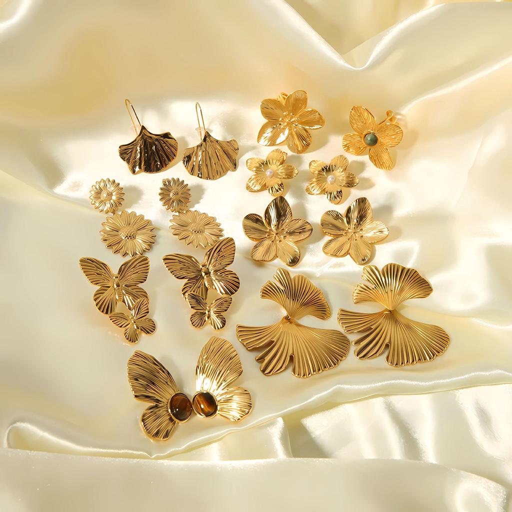 Retro Gold Stainless Steel Butterfly Flower Earrings