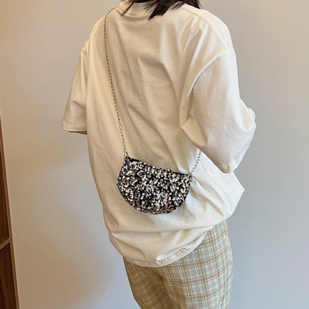 Polyester Sequin Shoulder Bag Zipper Bling Chain Bag Shell Bag Sparkling Crossbody Bag  Women