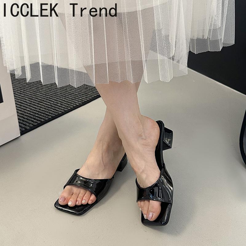 Designer Summer Patent Leather Square Toe Women Slippers Ladies Elegant Outdoor Street Style Thick Heel Slides